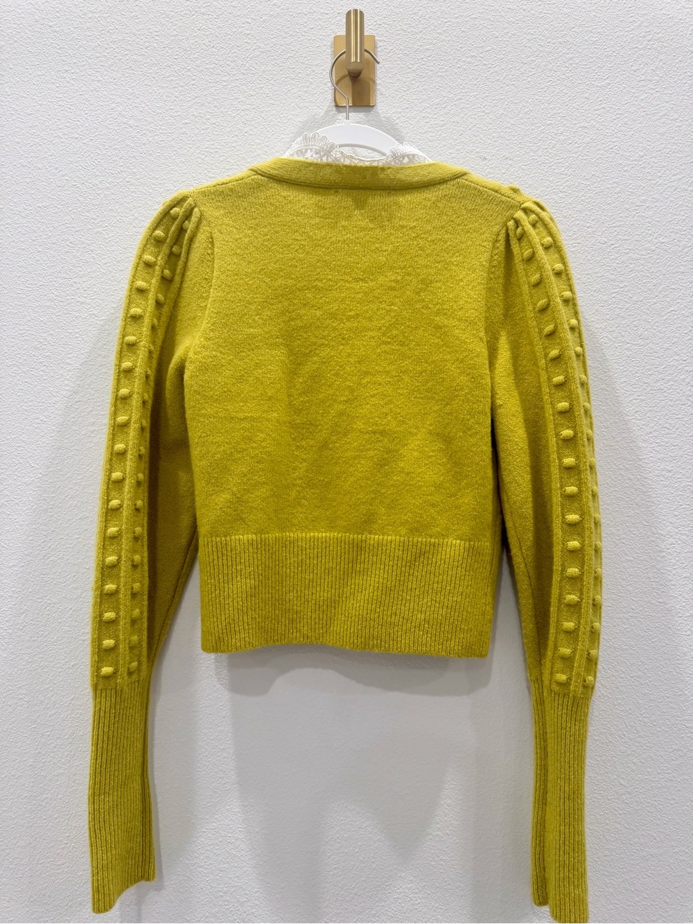 Free People Yellow-Green Lace Trim Bobble V-Neck Cardigan - Picture 4 of 5
